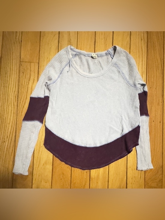 We The Free Tops - We The Free Light Blue Waffle Knit Long Sleeve Top with Dark Purple Hem